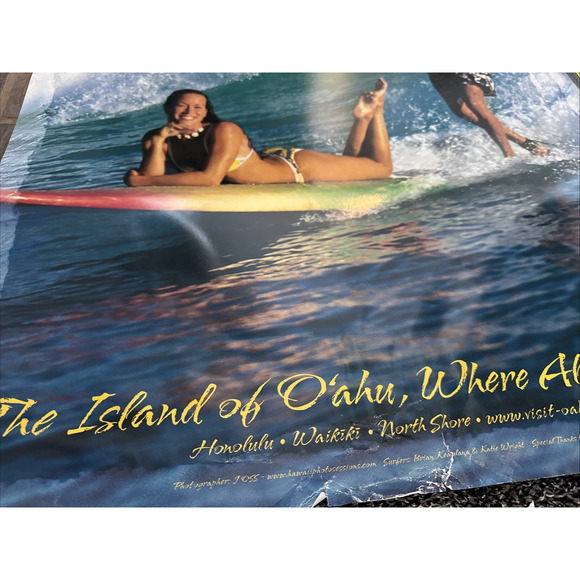 O'ahu Hawaii Island Travel Poster Vintage Surfing Ocean Volcano Tropical 36" EUC - Picture 6 of 11